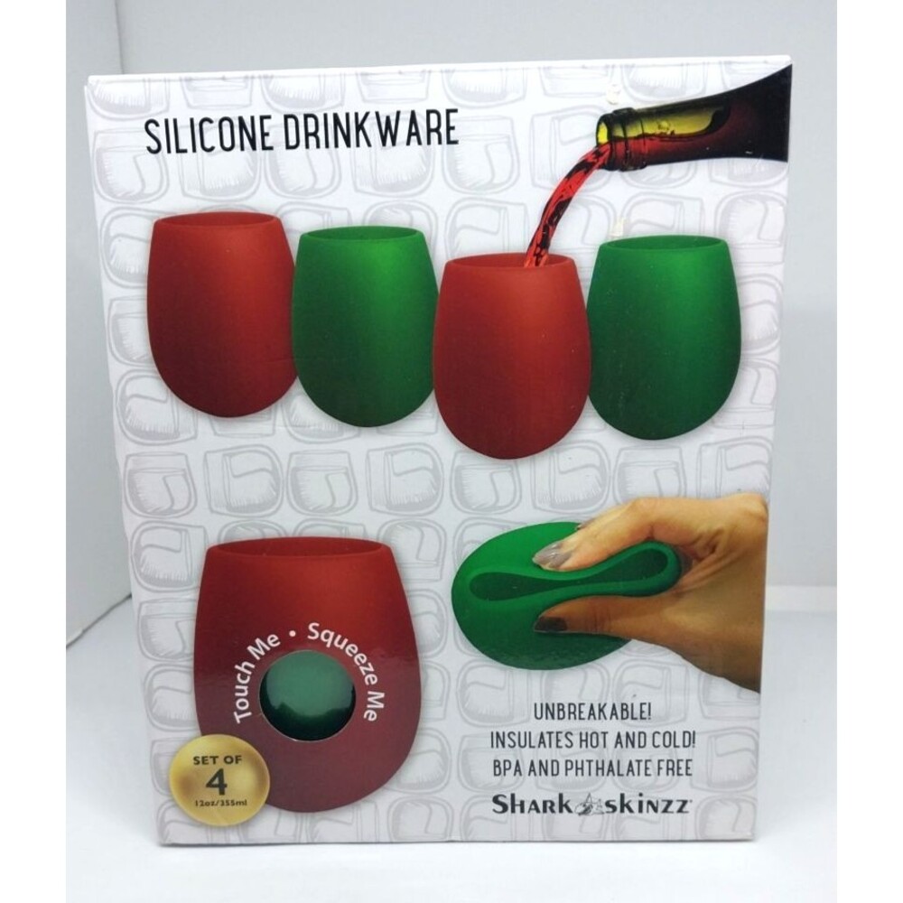 Shark Skinzz Silicone Wine Glasses 4-Pack 12oz New Green & Red